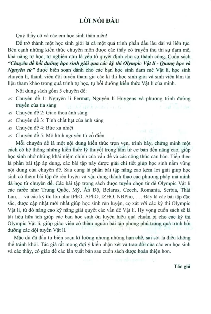 CHUYÊN ĐỀ BỒI DƯỠNG HỌC SINH GIỎI QUA CÁC KÌ THI OLYMPIC VẬT LÍ - QUANG HỌC VÀ NGUYÊN TỬ